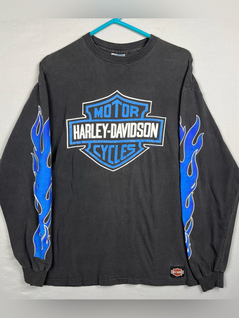 Vintage Harley Davidson Blue Flames Shirt Men’s Large Long Sleeve Stratman RENO